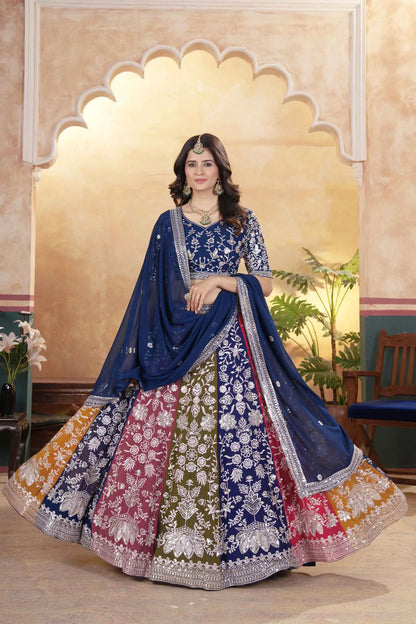 Multi Color Sequins Zari Embroidery Work  Georgette Lehenga With Dupatta