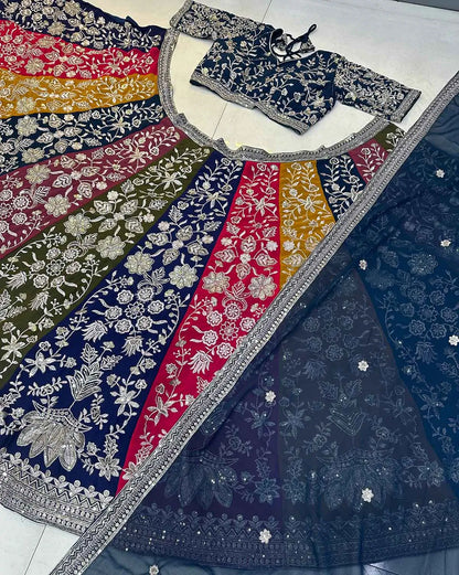 Multi Color Sequins Zari Embroidery Work  Georgette Lehenga With Dupatta