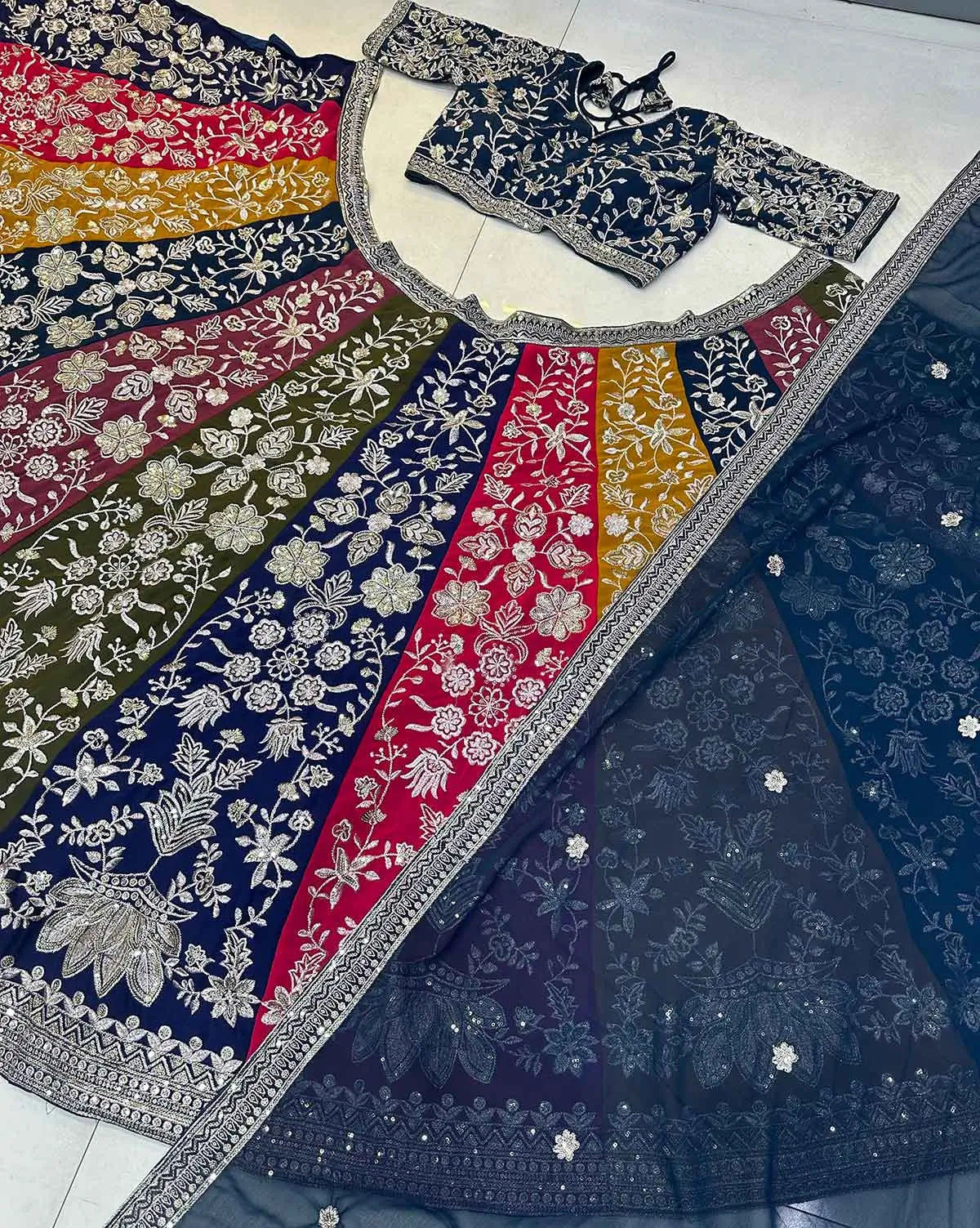 Multi Color Sequins Zari Embroidery Work  Georgette Lehenga With Dupatta