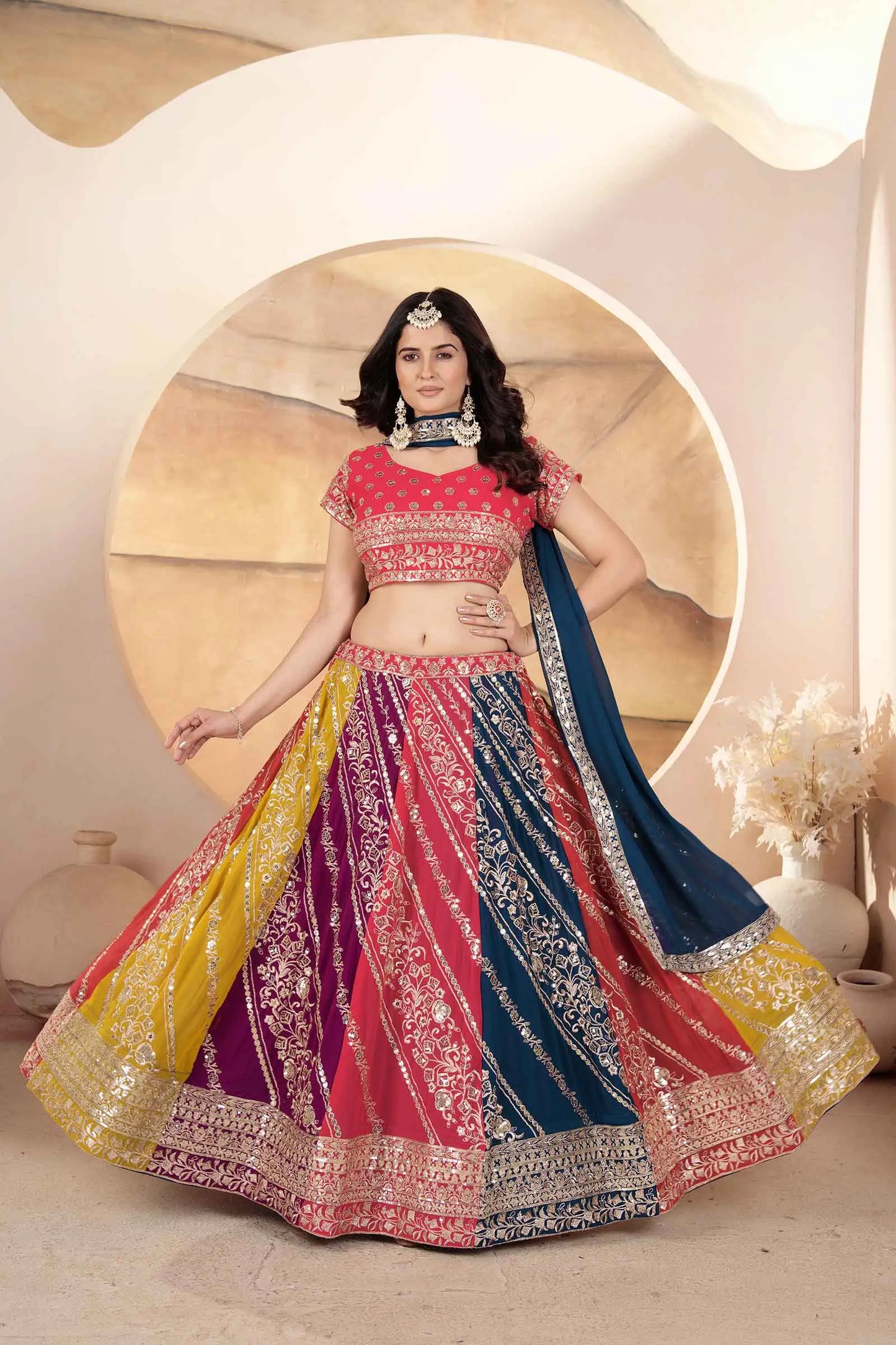 Multi Color Lehenga With Sequins Embroidery Work And Dupatta