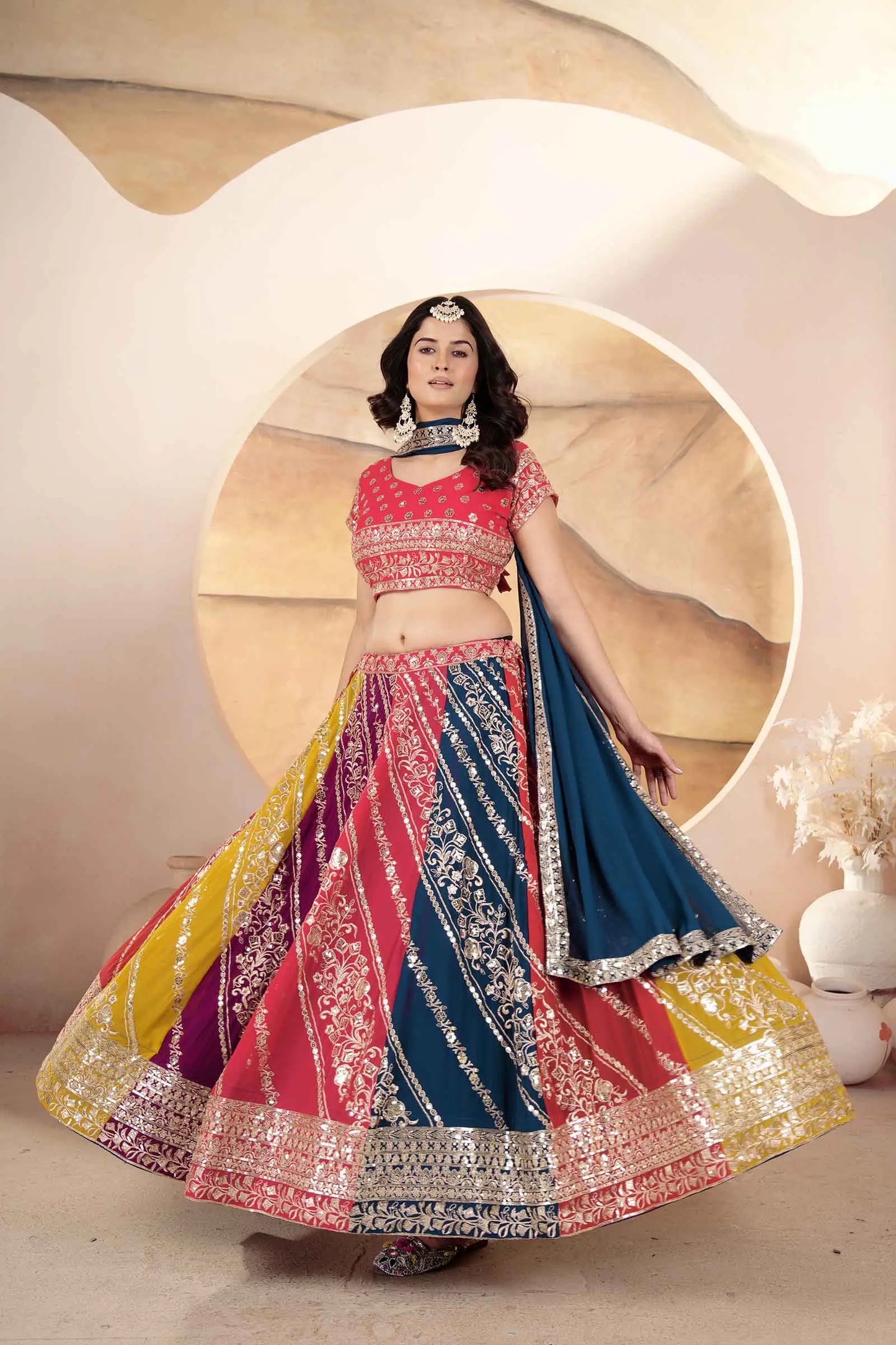 Multi Color Lehenga With Sequins Embroidery Work And Dupatta