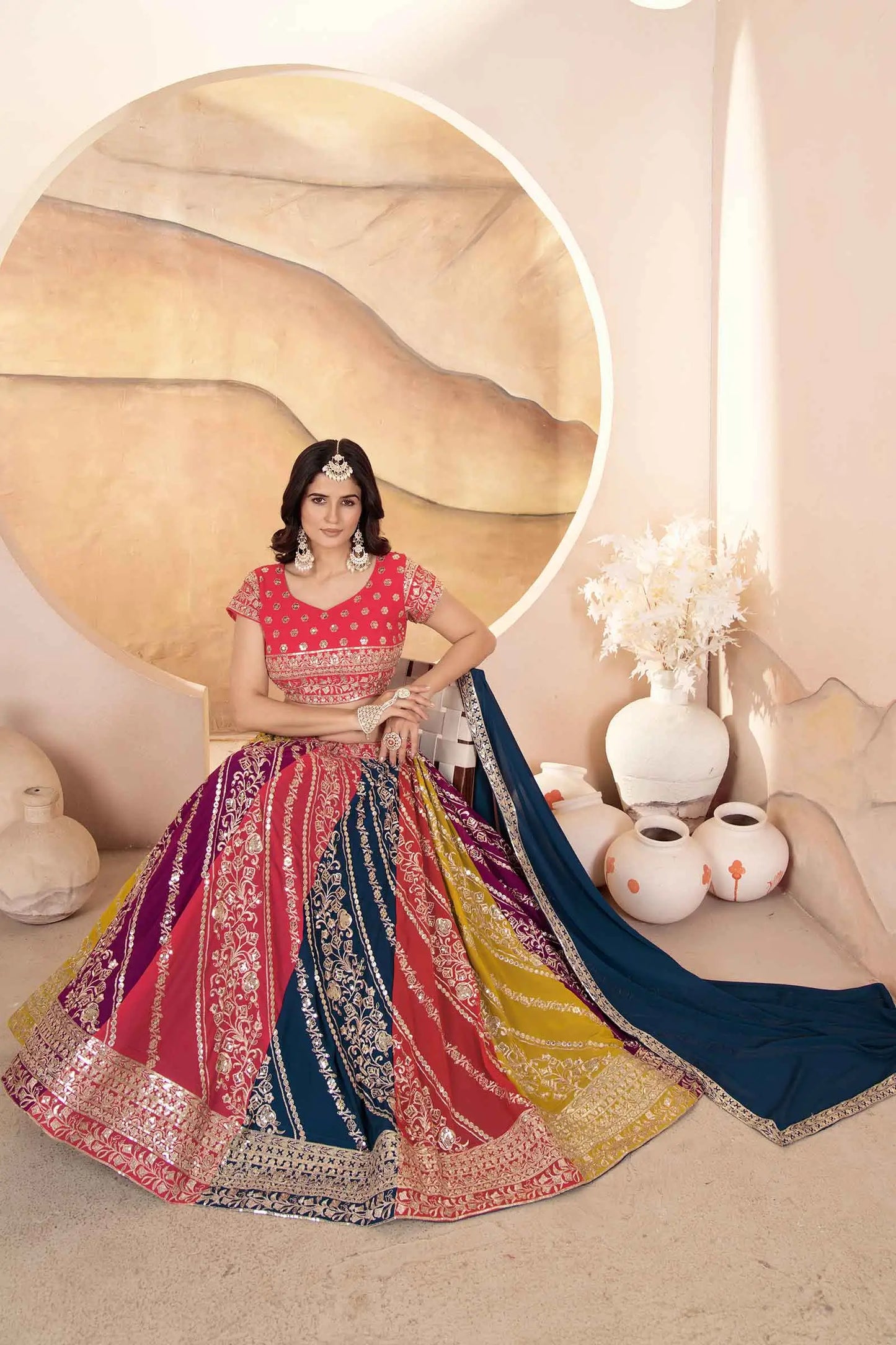 Multi Color Lehenga With Sequins Embroidery Work And Dupatta