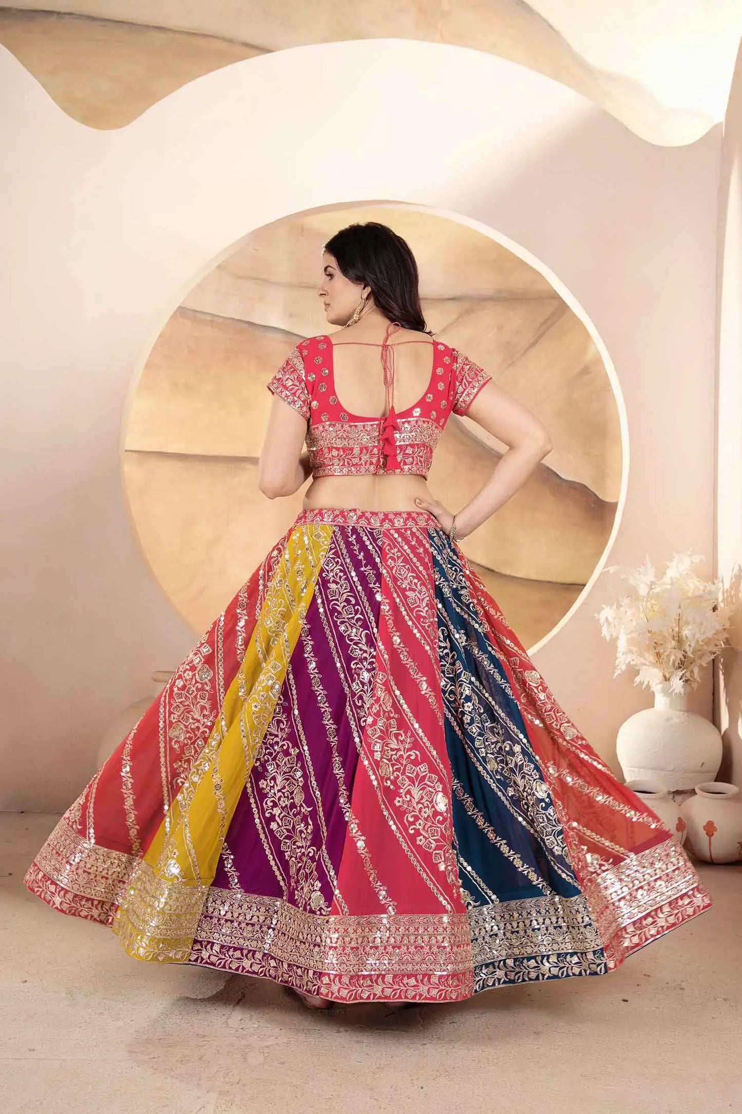 Multi Color Lehenga With Sequins Embroidery Work And Dupatta
