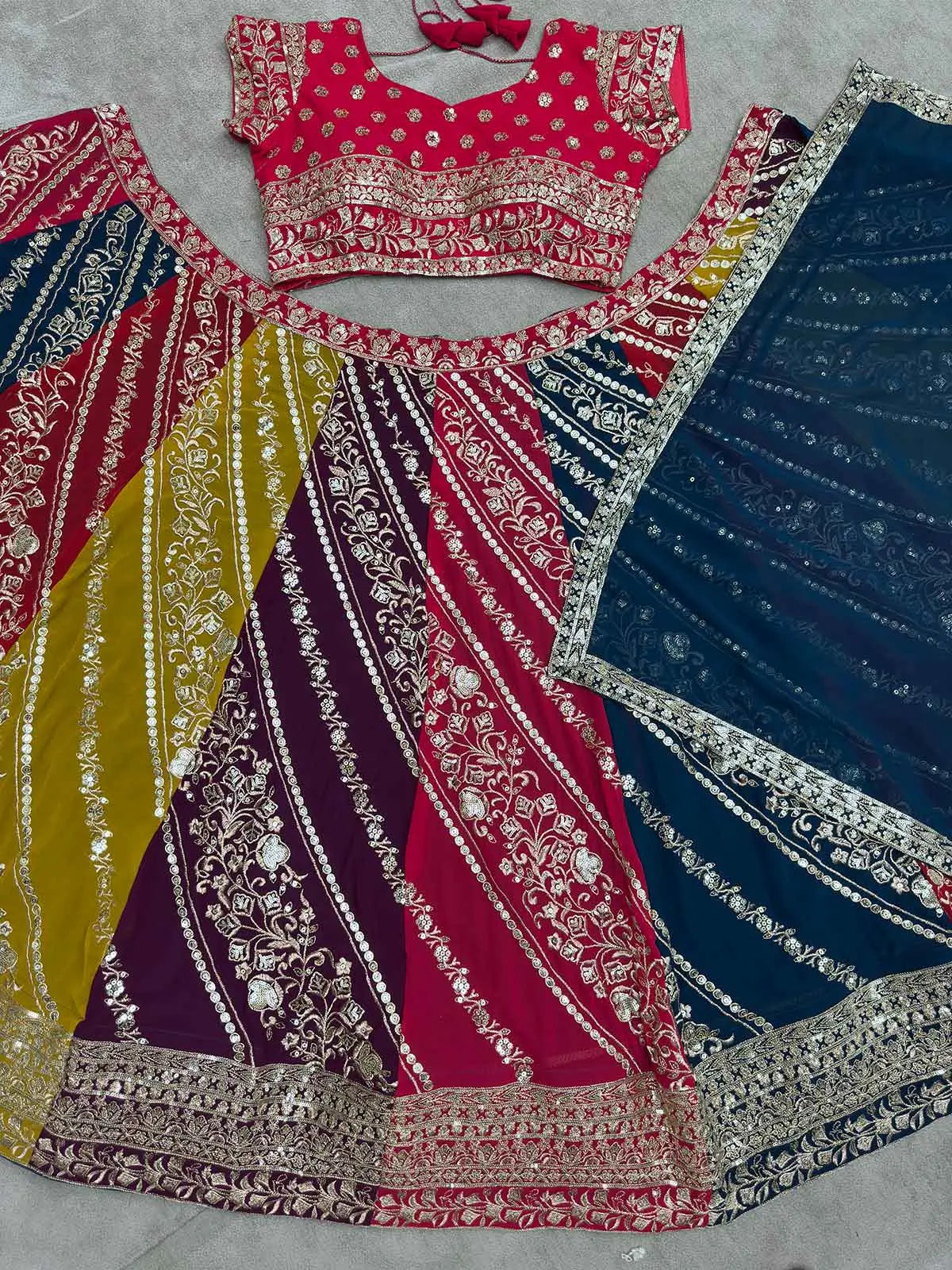 Multi Color Lehenga With Sequins Embroidery Work And Dupatta