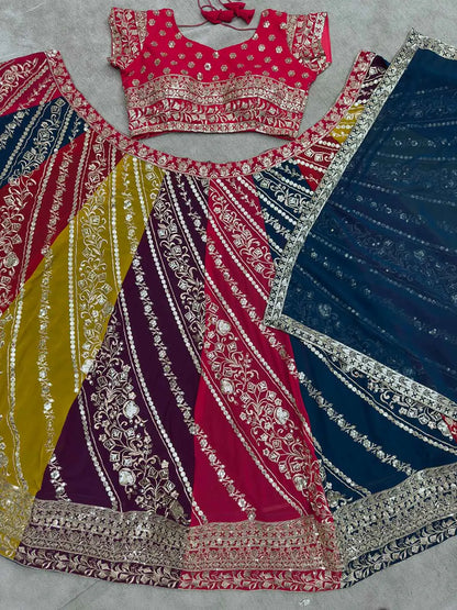Multi Color Lehenga With Sequins Embroidery Work And Dupatta