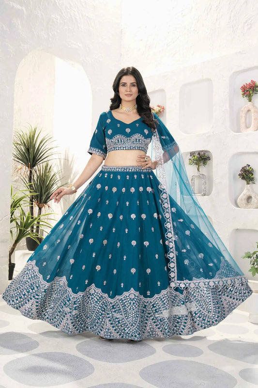 Deep Teal Blue Georgette Lehenga With Embroidery Sequins Work And Dupatta
