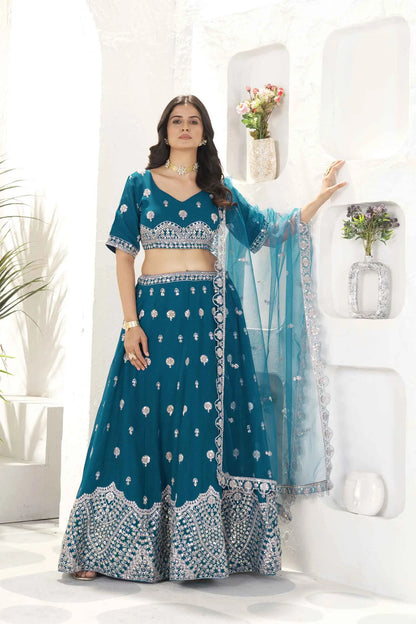 Deep Teal Blue Georgette Lehenga With Embroidery Sequins Work And Dupatta