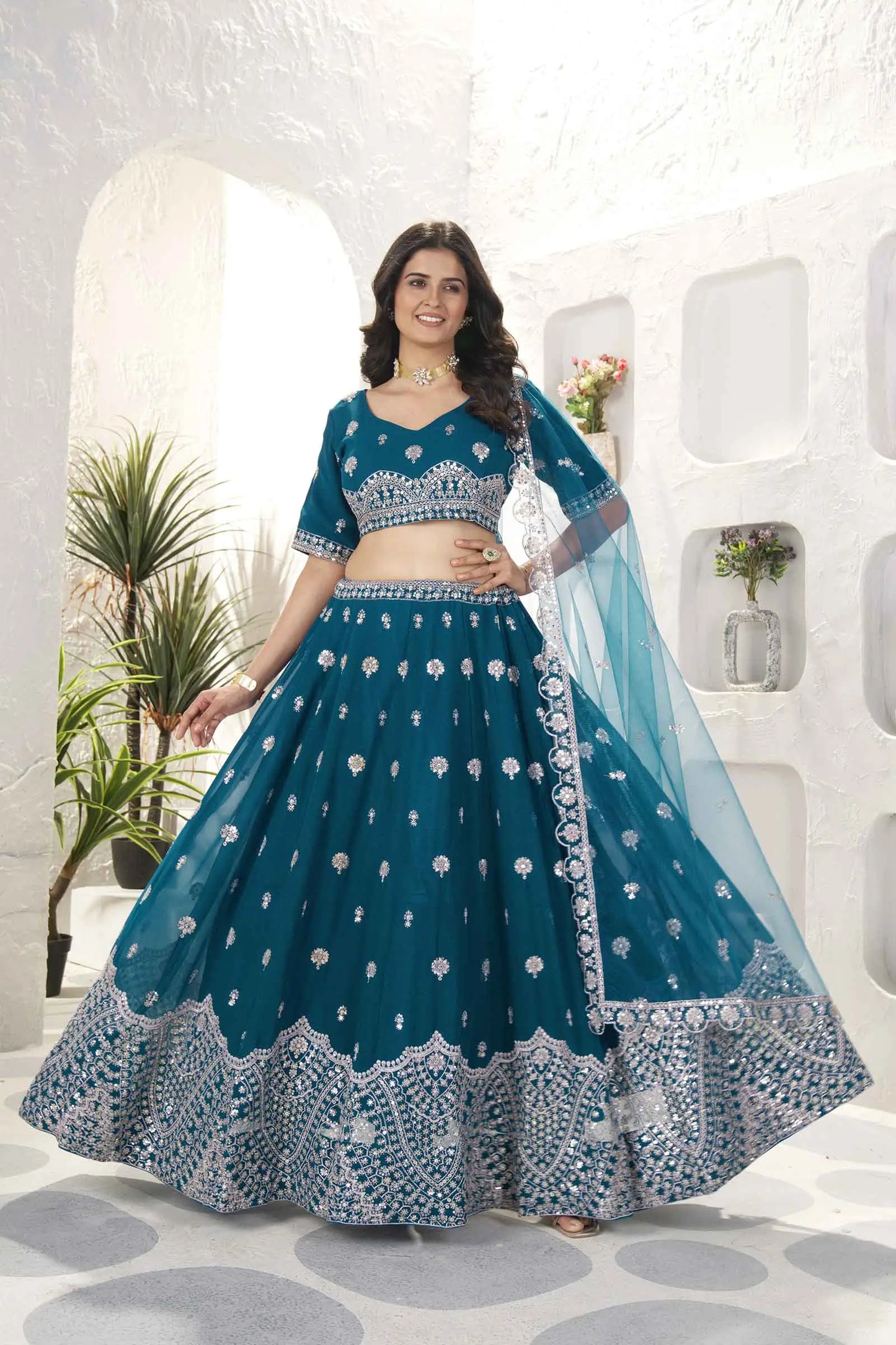 Deep Teal Blue Georgette Lehenga With Embroidery Sequins Work And Dupatta