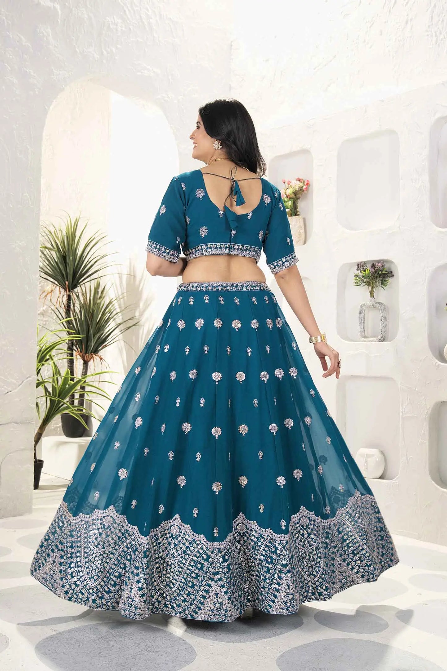 Deep Teal Blue Georgette Lehenga With Embroidery Sequins Work And Dupatta