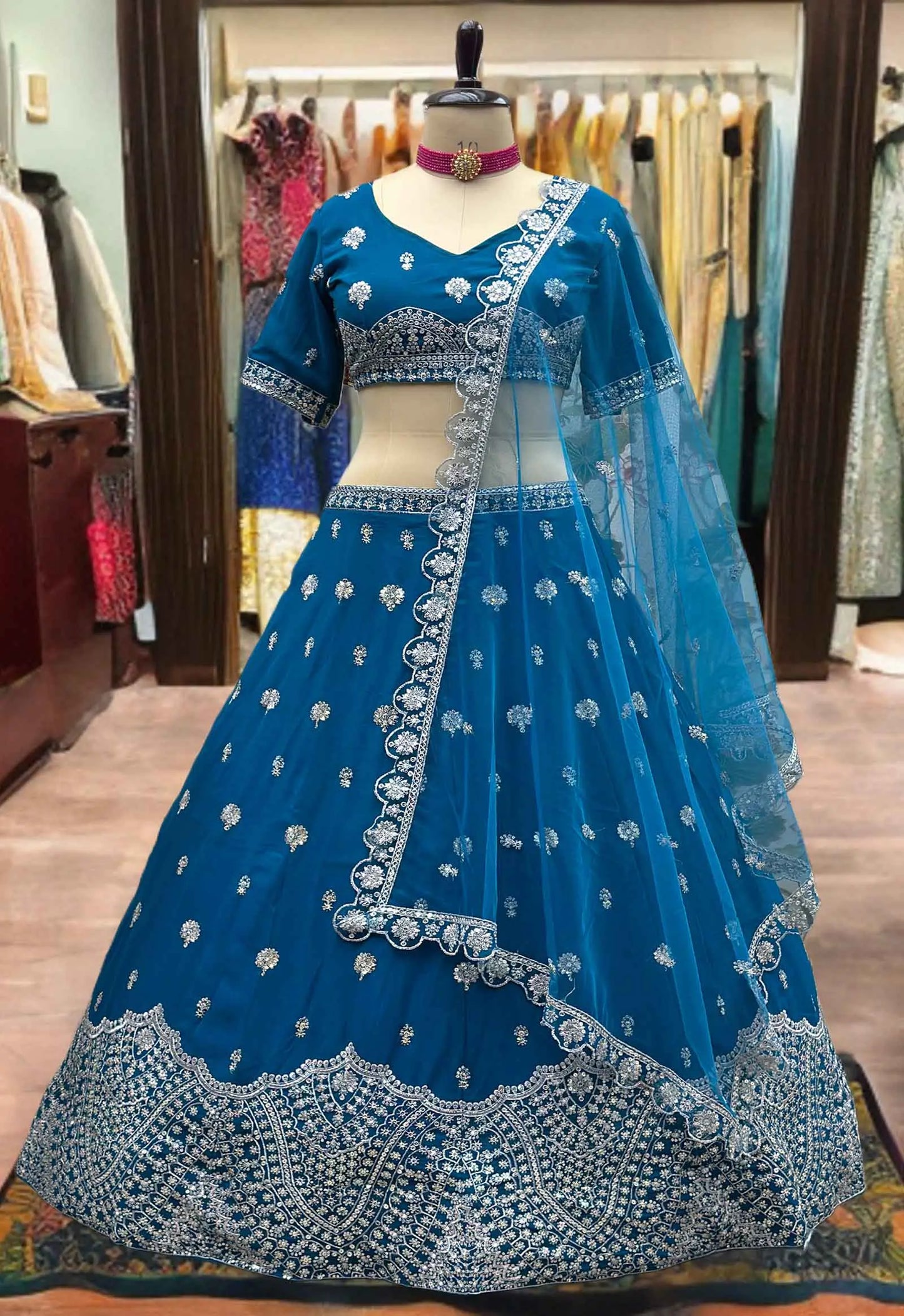 Deep Teal Blue Georgette Lehenga With Embroidery Sequins Work And Dupatta
