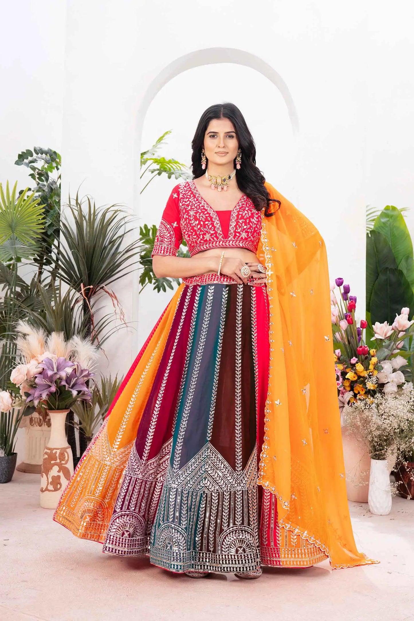 Multi Color Georgette Lehenga With Sequins Embroidery Work And Dupatta