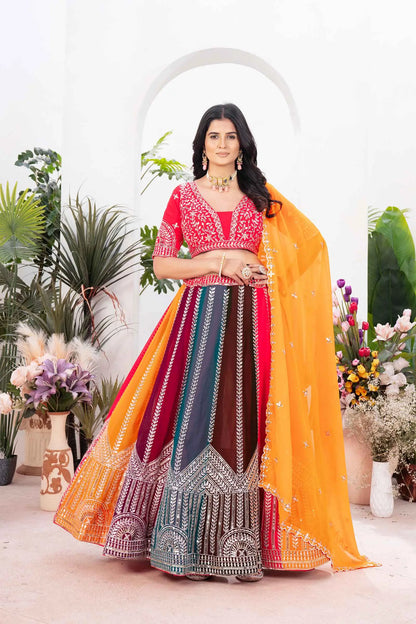 Multi Color Georgette Lehenga With Sequins Embroidery Work And Dupatta