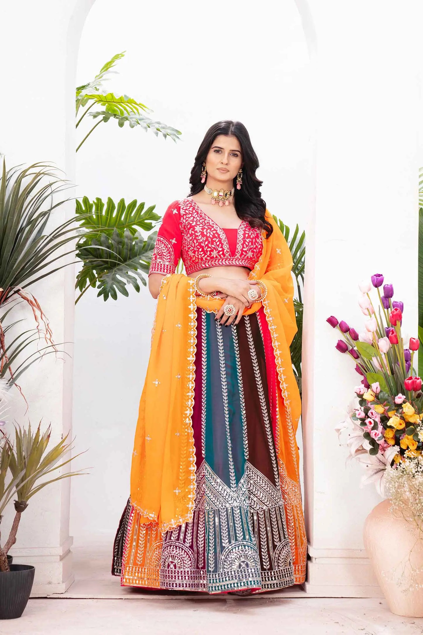 Multi Color Georgette Lehenga With Sequins Embroidery Work And Dupatta