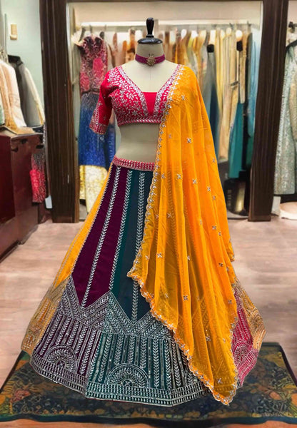 Multi Color Georgette Lehenga With Sequins Embroidery Work And Dupatta