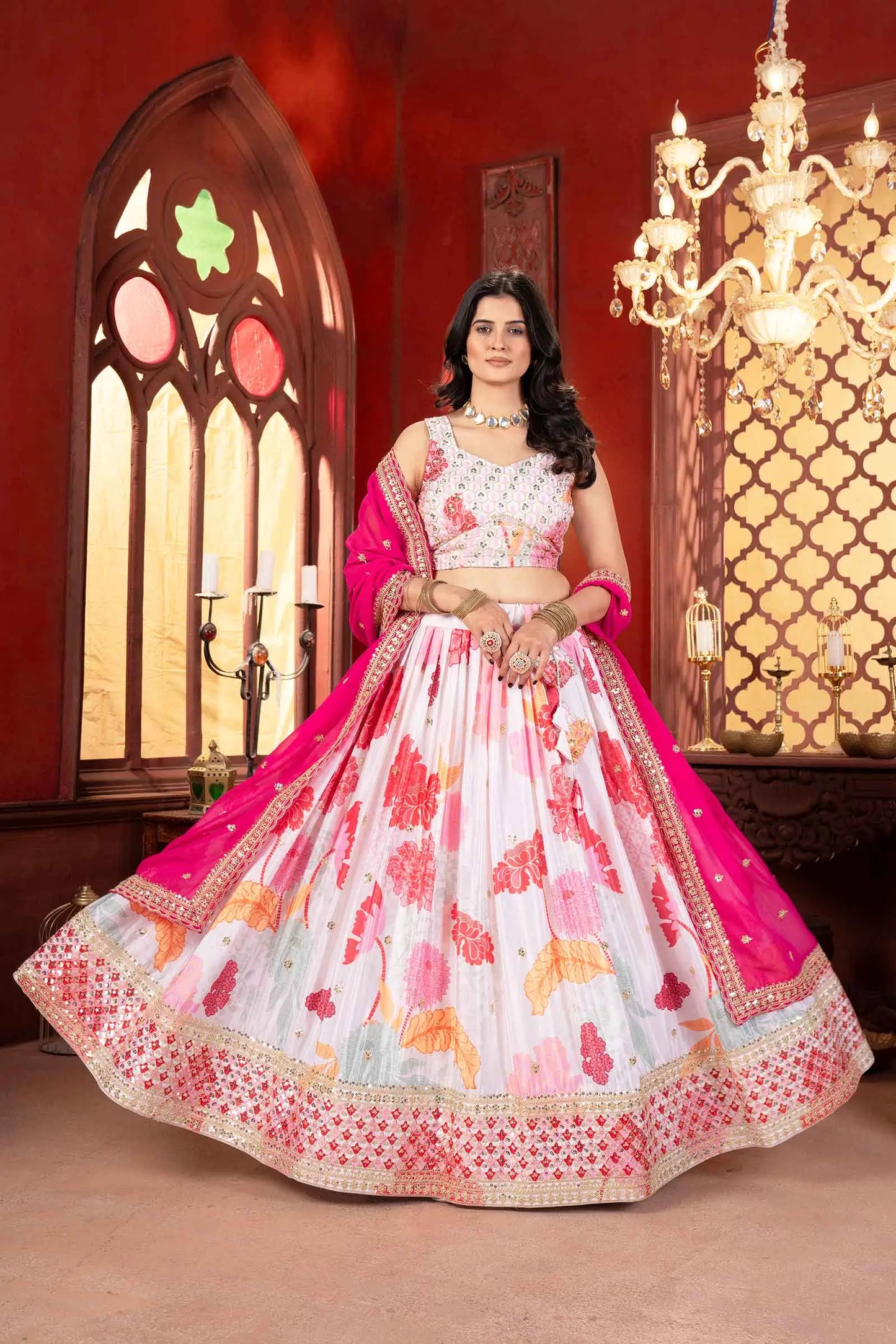 Off White With Pink Floral Print Lehenga With Sequins Embroidery Work And Dupatta