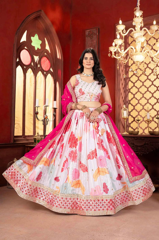 Off White With Pink Floral Print Lehenga With Sequins Embroidery Work And Dupatta
