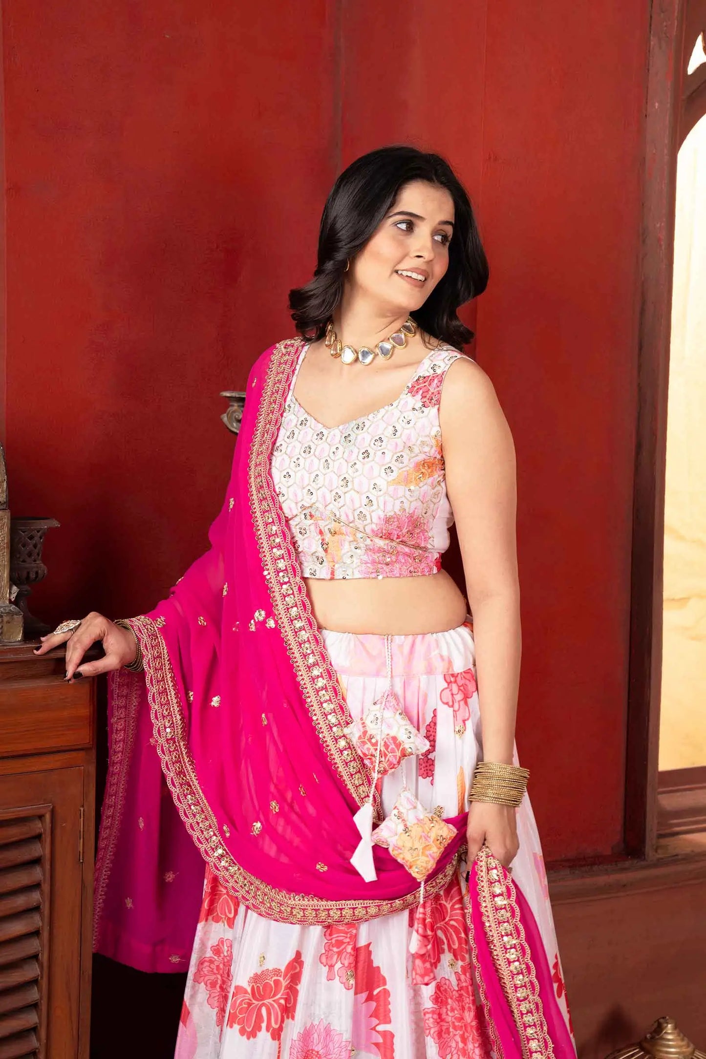 Off White With Pink Floral Print Lehenga With Sequins Embroidery Work And Dupatta