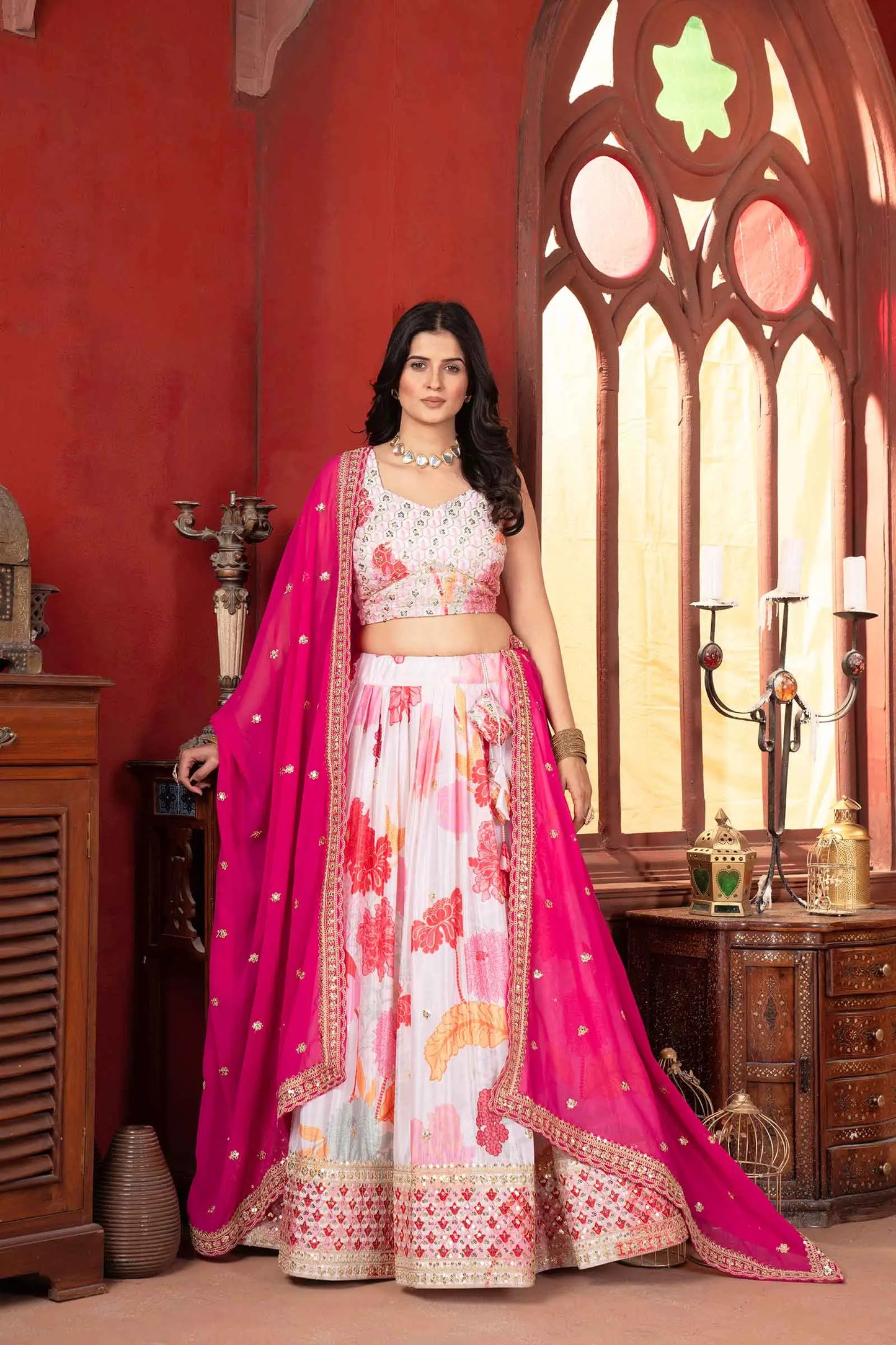 Off White With Pink Floral Print Lehenga With Sequins Embroidery Work And Dupatta