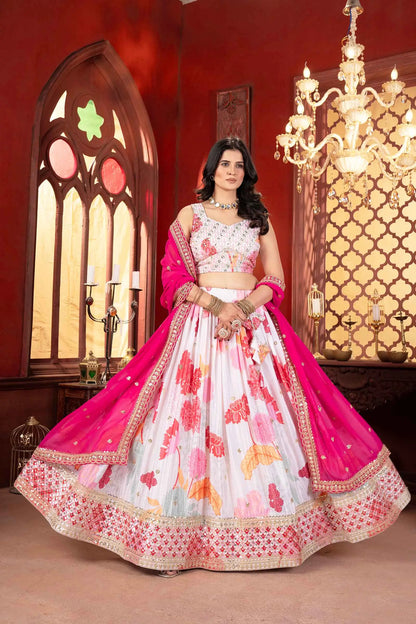 Off White With Pink Floral Print Lehenga With Sequins Embroidery Work And Dupatta