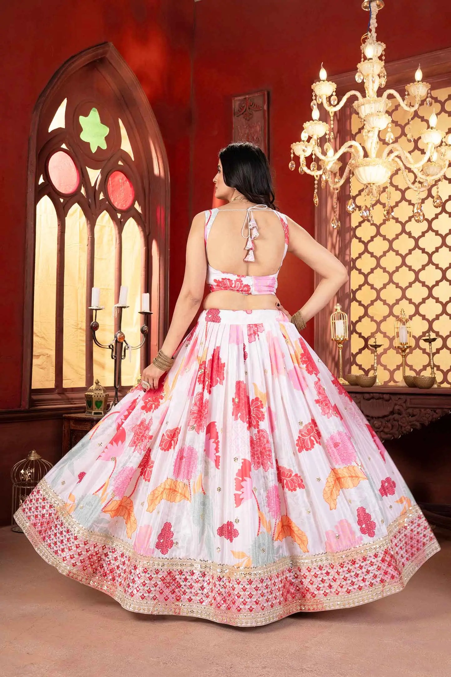 Off White With Pink Floral Print Lehenga With Sequins Embroidery Work And Dupatta