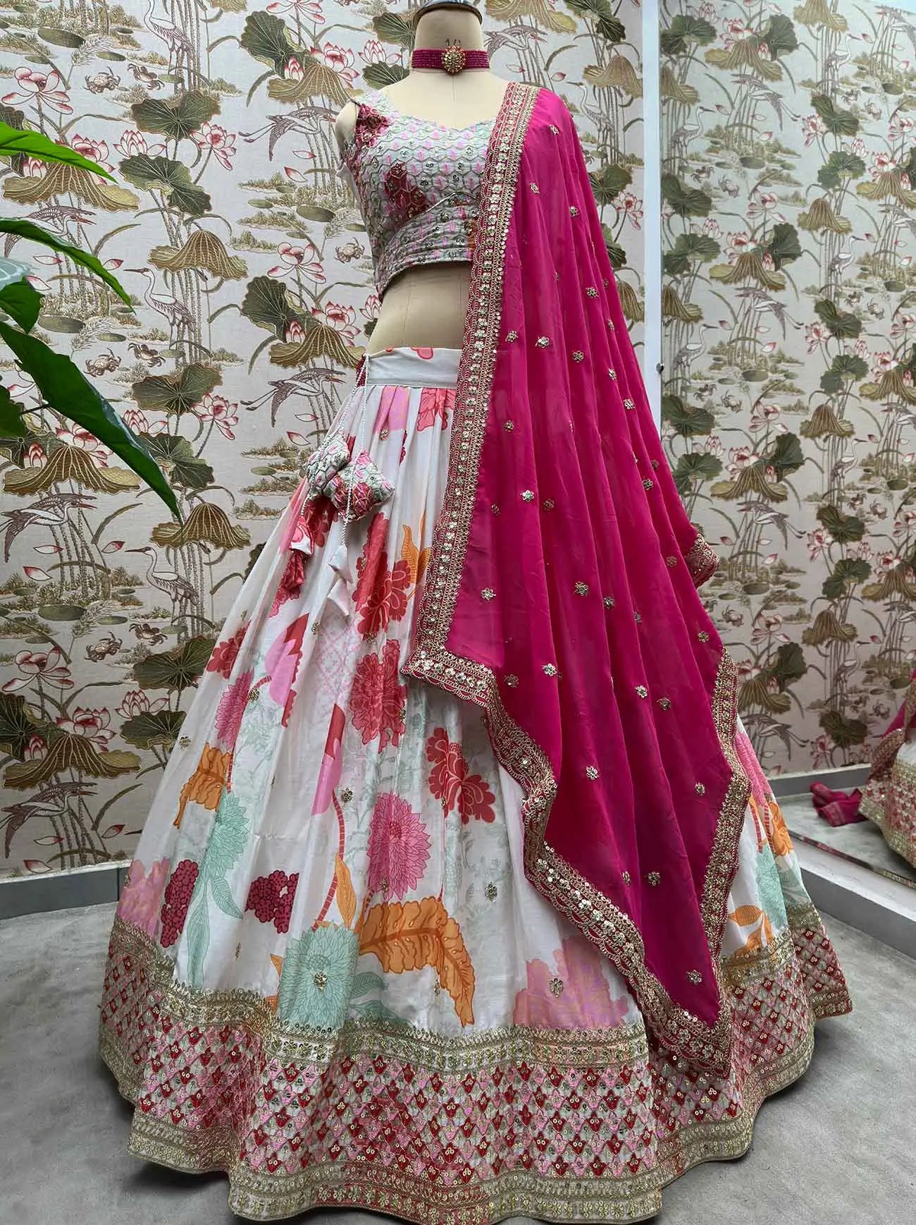 Off White With Pink Floral Print Lehenga With Sequins Embroidery Work And Dupatta