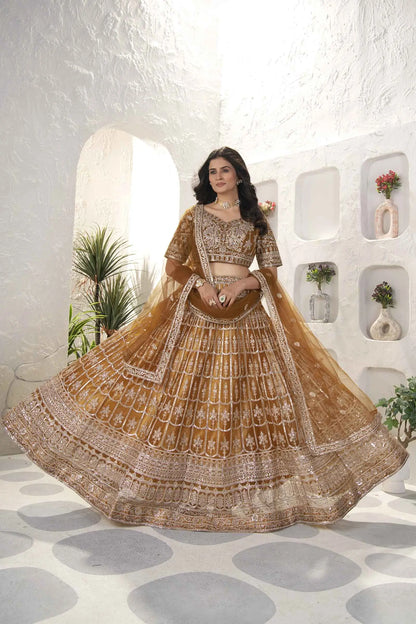 Mustard Brown Net Lehenga With Embroidery Sequins Work And Dupatta