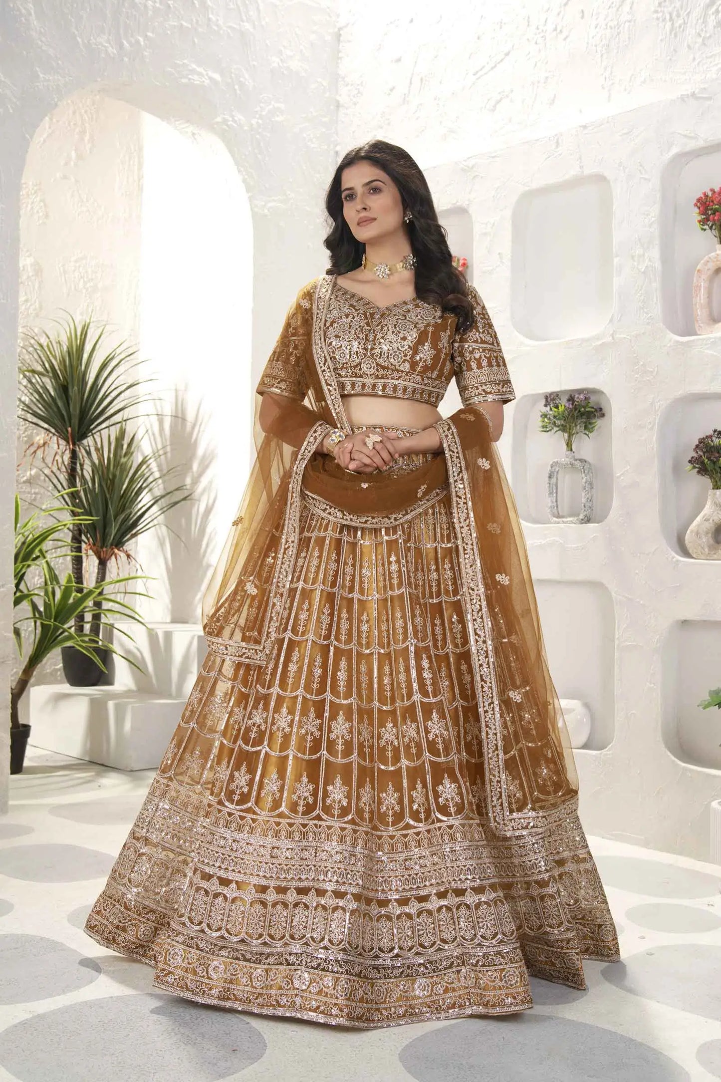 Mustard Brown Net Lehenga With Embroidery Sequins Work And Dupatta