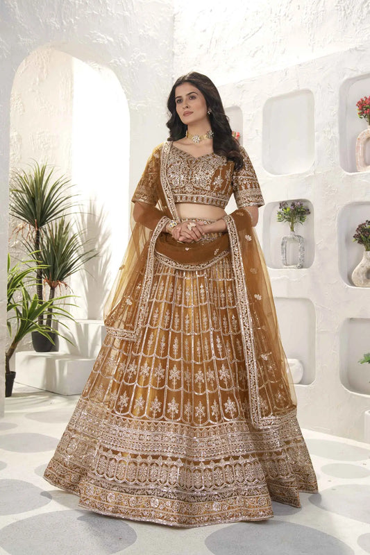 Mustard Brown Net Lehenga With Embroidery Sequins Work And Dupatta