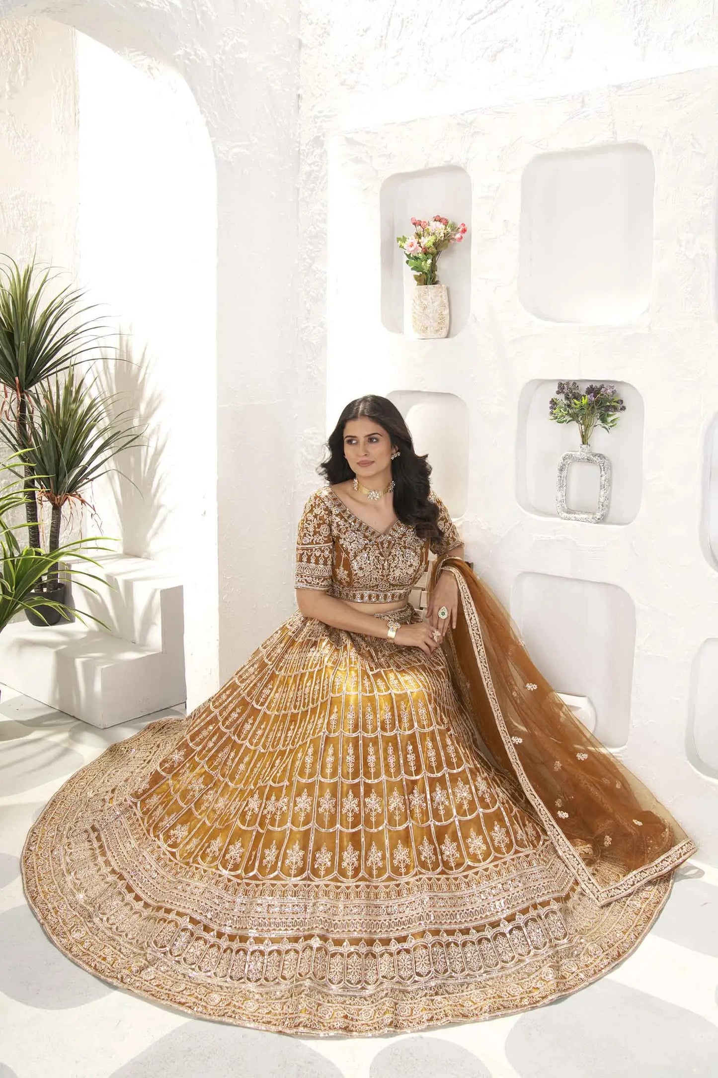 Mustard Brown Net Lehenga With Embroidery Sequins Work And Dupatta