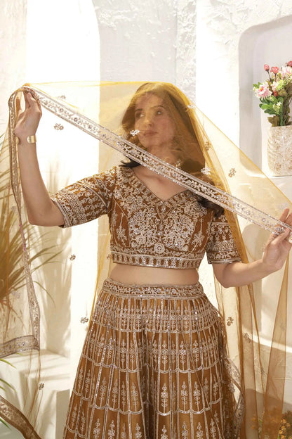 Mustard Brown Net Lehenga With Embroidery Sequins Work And Dupatta