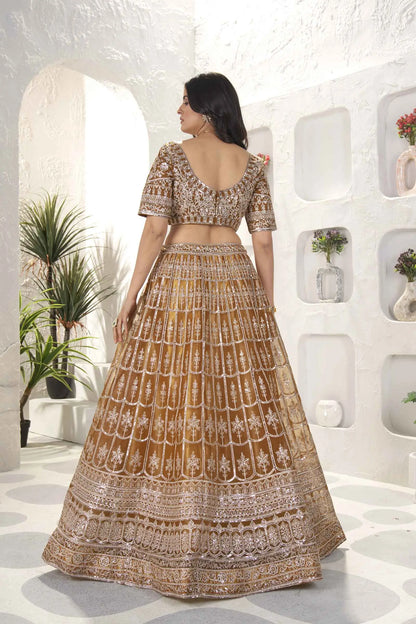 Mustard Brown Net Lehenga With Embroidery Sequins Work And Dupatta