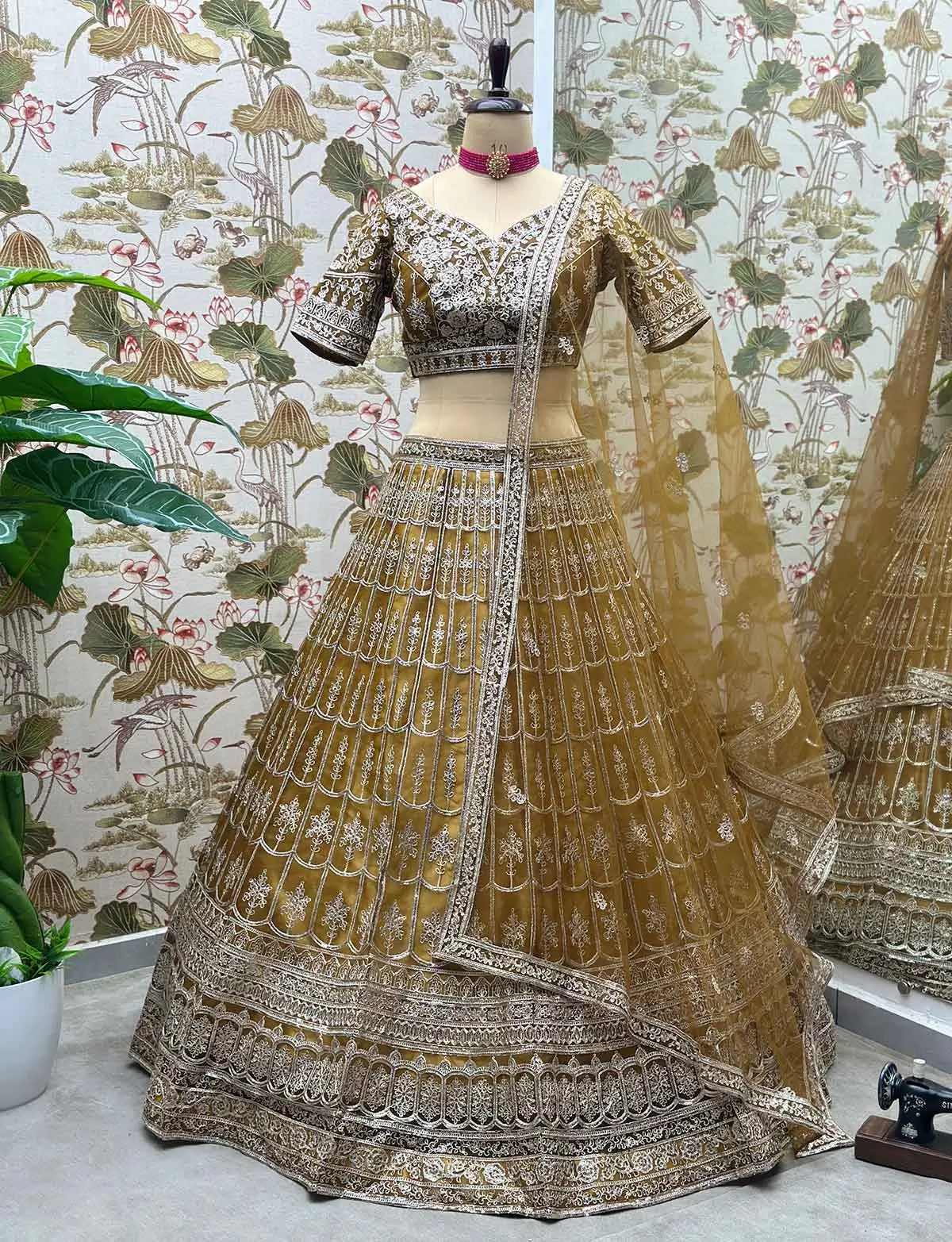 Mustard Brown Net Lehenga With Embroidery Sequins Work And Dupatta