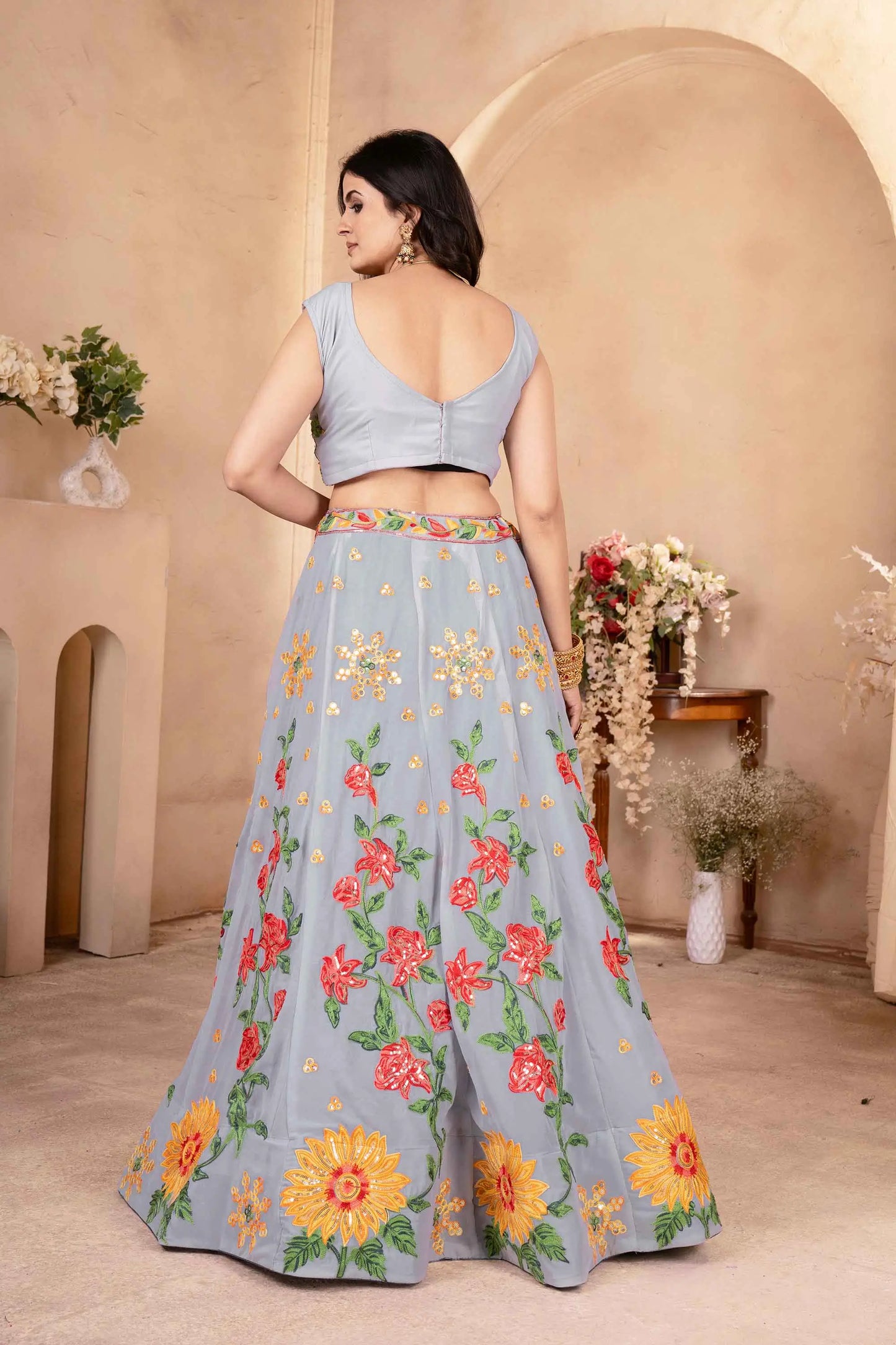 Silver Grey Multi Thread Sequins Embroidery Work Georgette Lehenga