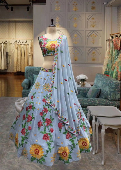 Silver Grey Multi Thread Sequins Embroidery Work Georgette Lehenga