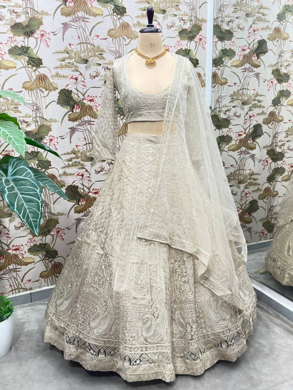 Beige Shining Thread  Embroidery Design Net Lehenga Choli