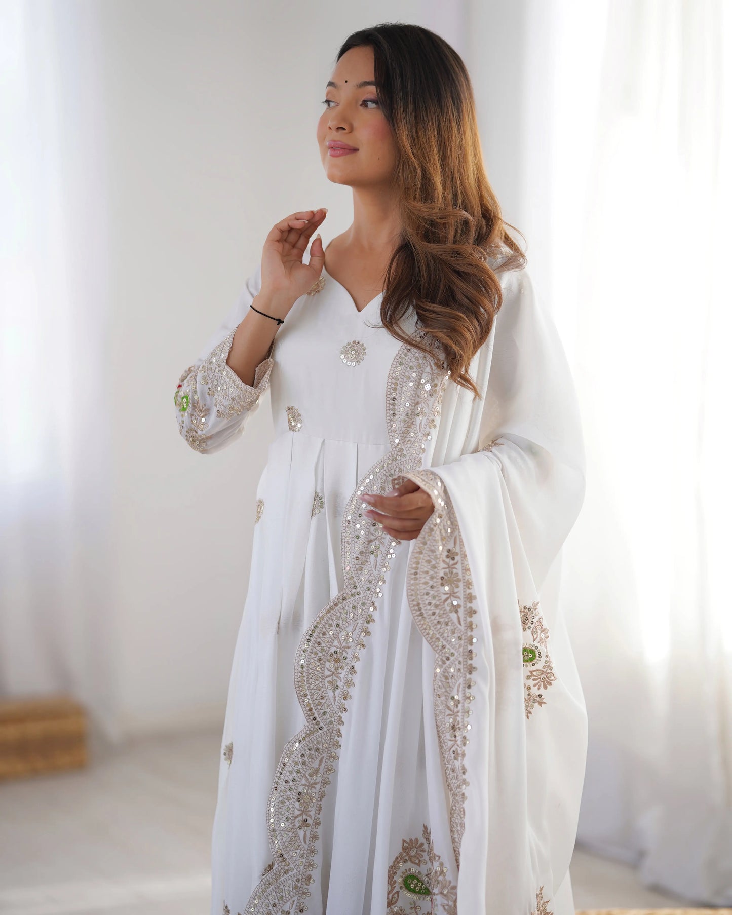 White Embroidery Design Work Gown With Dupatta