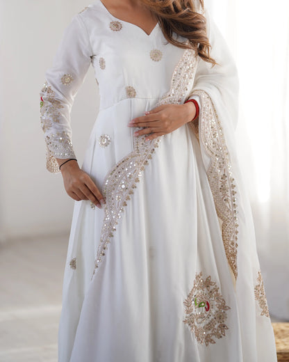 White Embroidery Design Work Gown With Dupatta
