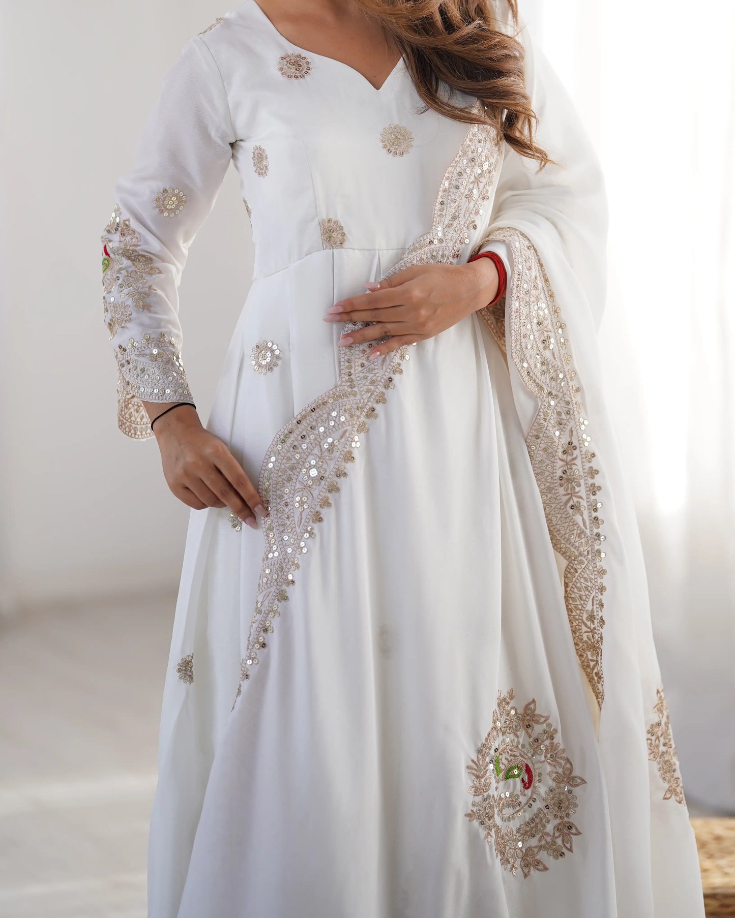 White Embroidery Design Work Gown With Dupatta