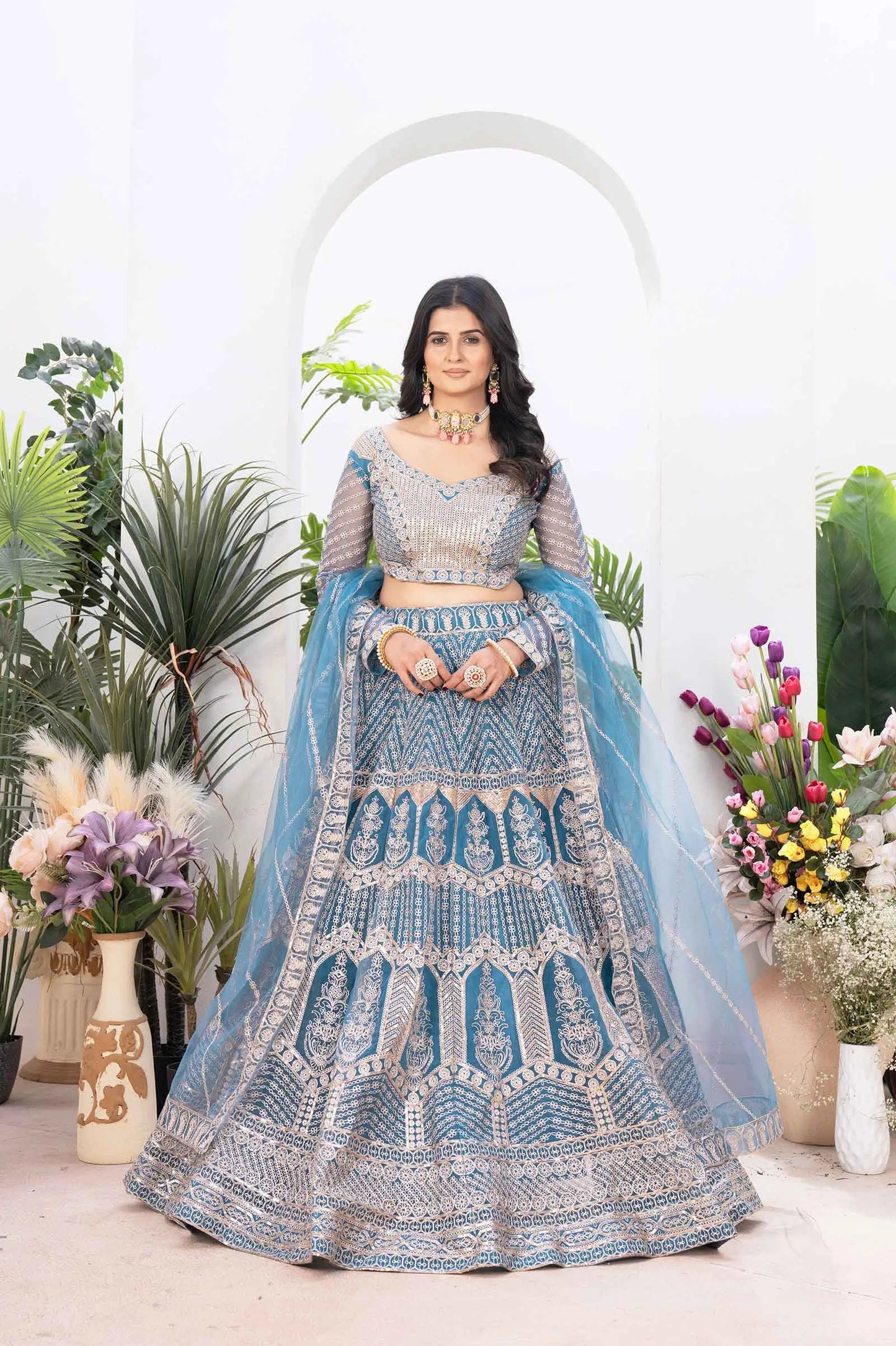 Bluish Cyan Net Lehenga With Embroidery Sequins Design Work And Dupatta