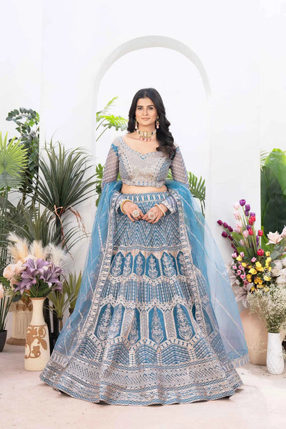 Bluish Cyan Net Lehenga With Embroidery Sequins Design Work And Dupatta