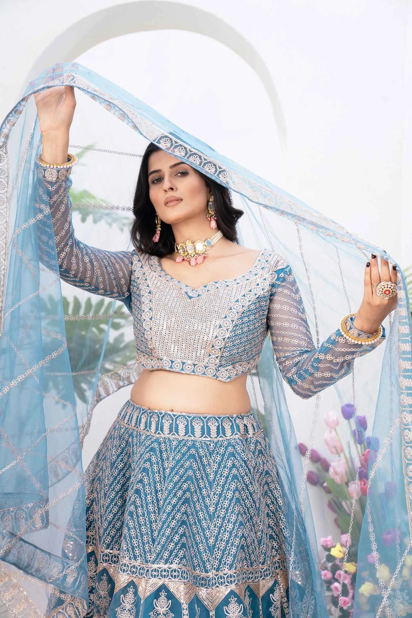 Bluish Cyan Net Lehenga With Embroidery Sequins Design Work And Dupatta