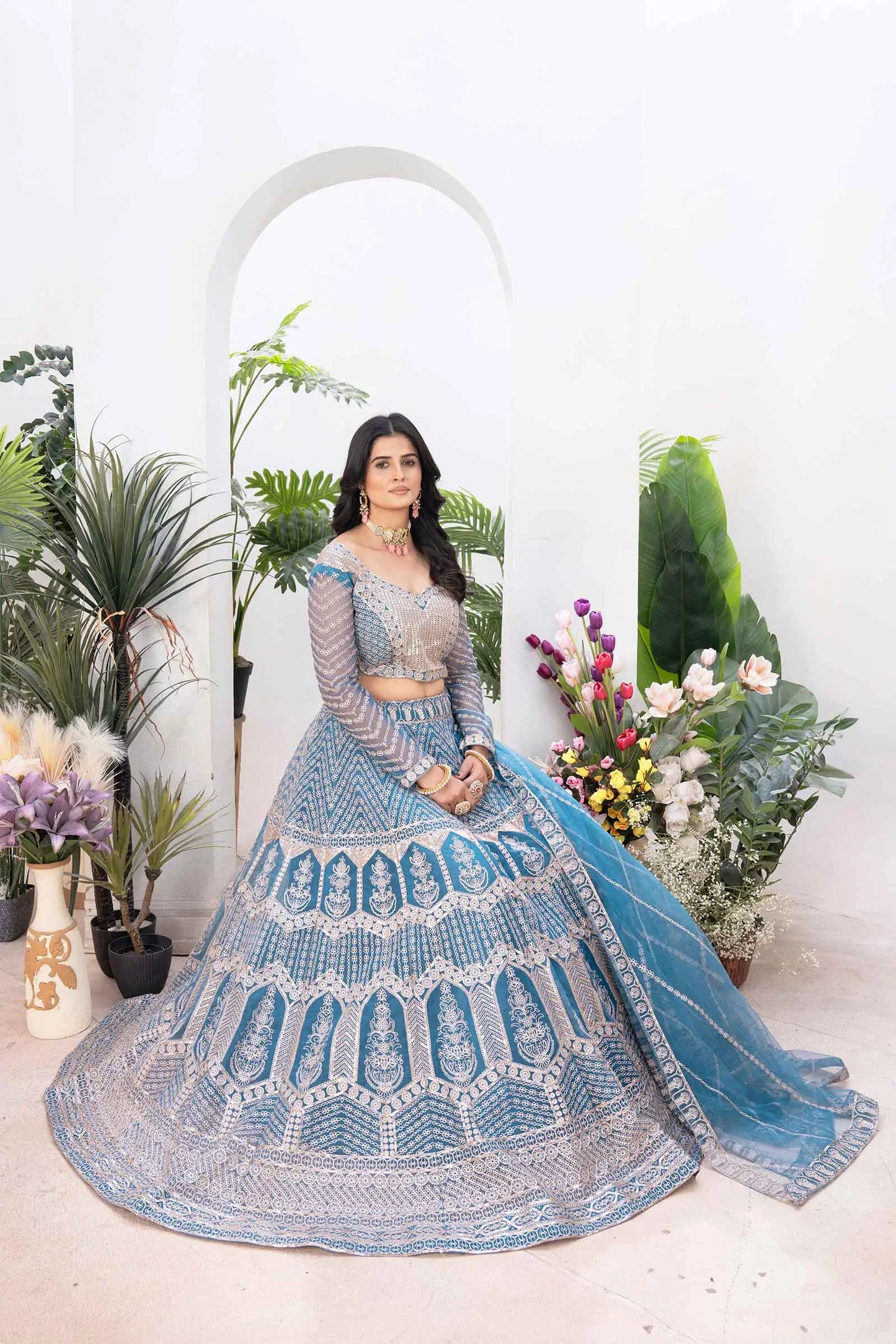 Bluish Cyan Net Lehenga With Embroidery Sequins Design Work And Dupatta