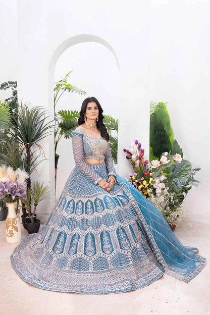 Bluish Cyan Net Lehenga With Embroidery Sequins Design Work And Dupatta