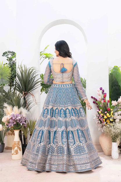 Bluish Cyan Net Lehenga With Embroidery Sequins Design Work And Dupatta