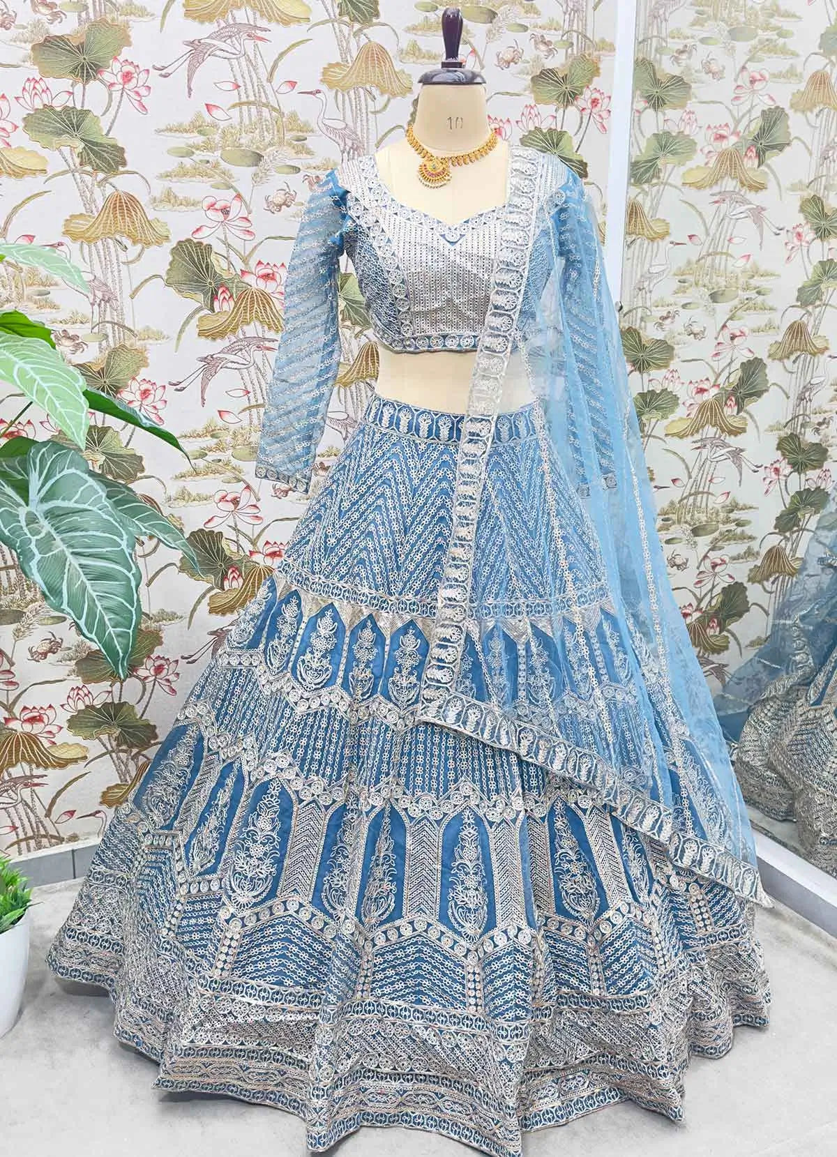 Bluish Cyan Net Lehenga With Embroidery Sequins Design Work And Dupatta