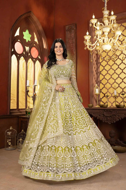 Light Olive Green Shining Thread  Embroidery Design Net Lehenga Choli