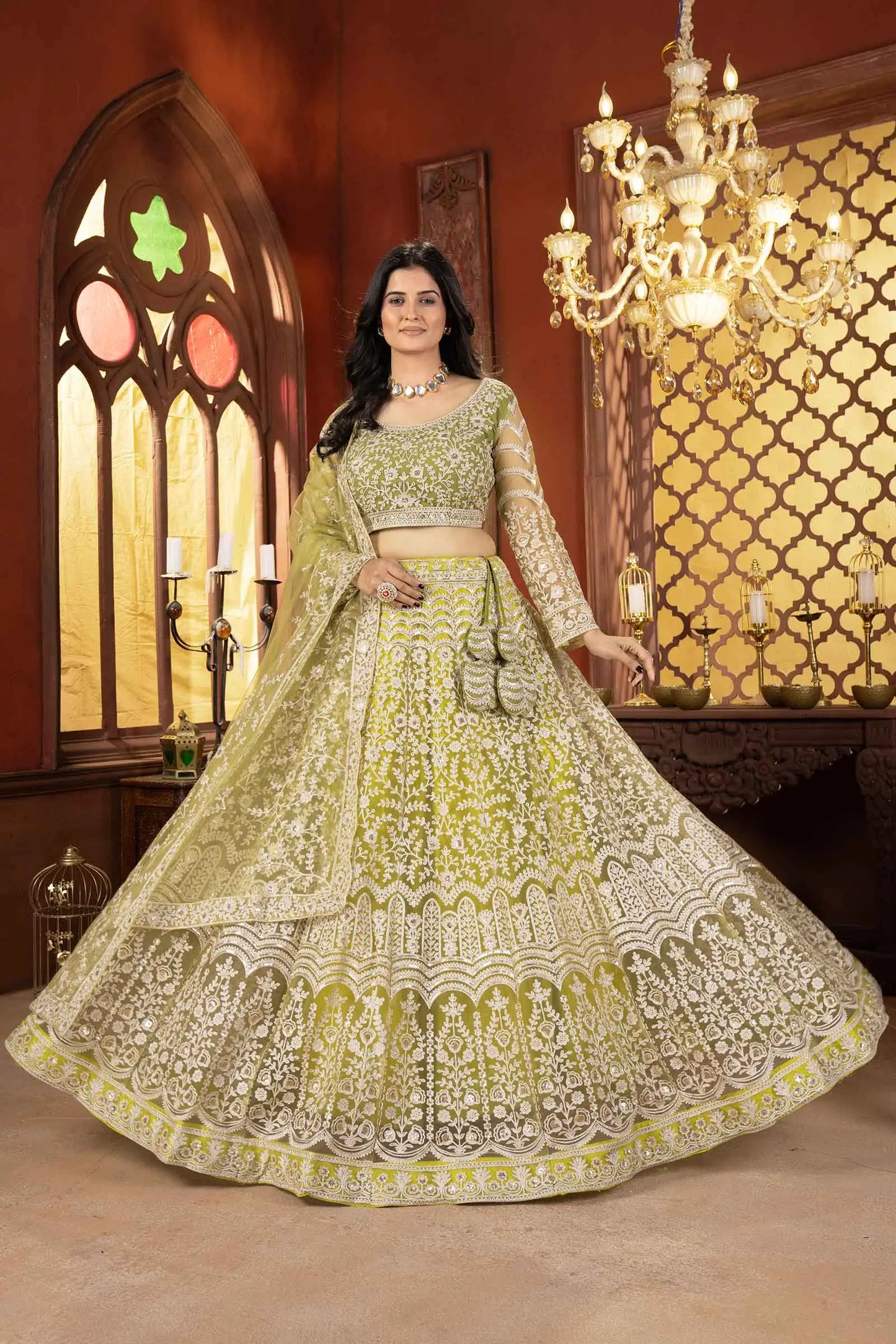Light Olive Green Shining Thread  Embroidery Design Net Lehenga Choli