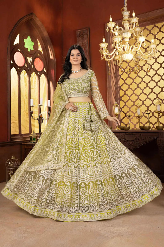 Light Olive Green Shining Thread  Embroidery Design Net Lehenga Choli