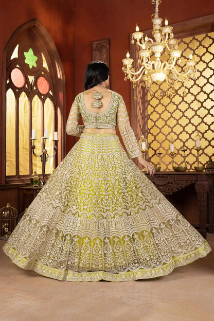 Light Olive Green Shining Thread  Embroidery Design Net Lehenga Choli