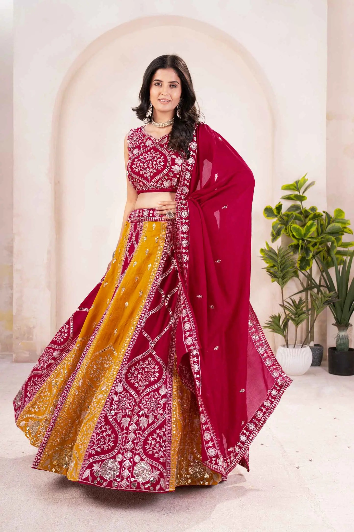 Red And Yellow Embroidery Sequins Design Work Lehenga Set